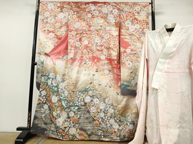 長閑やかさ屋御召しもの●晴れ晴れしい振袖・長襦袢書き割り 辻が花 暈し染め 銀通し地 正絹 珠玉 CABH2617ut