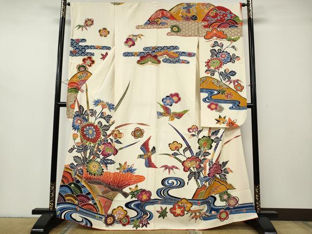 長閑やかさ屋御召しもの●晴れ晴れしい振袖 紅型 花鳥文 正絹 珠玉 CABH2634ut