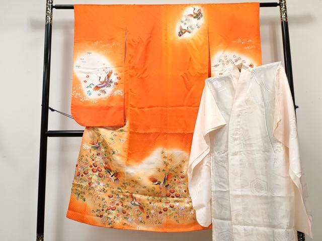 長閑やかさ屋御召しもの[]七五三 お嬢さん ７歳 祝着 四つ身 長襦袢(無双仕立てもの) 飛鶴花文 暈し染め 金彩 珠玉 DABE7354ma