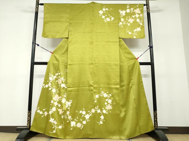 長閑やかさ屋御召しもの●短い訪問着 駒刺しゅう 顕花植物文 金糸 正絹 珠玉 未当てはめる DABF1166ud