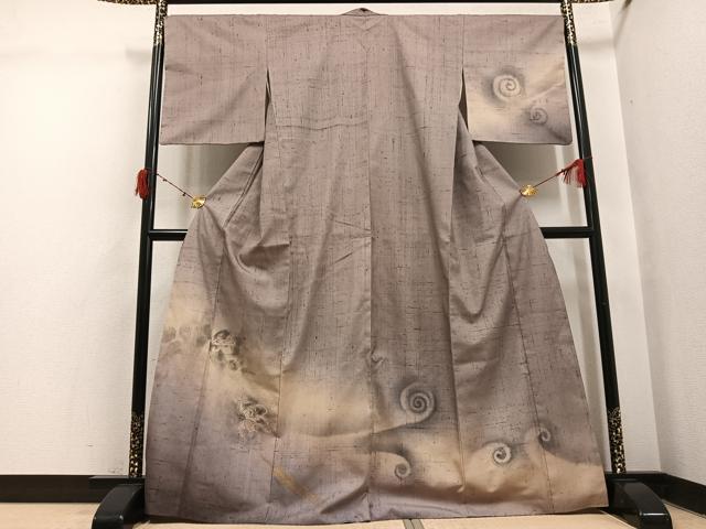長閑やかさ屋御召しもの●短い訪問着 生紬 執筆者物 手書き 風神雷神 暈し染め 金彩 正絹 珠玉 AABI6261ph