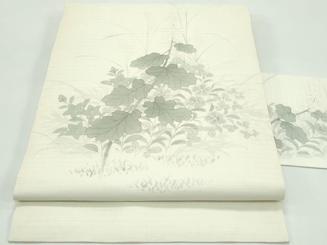 長閑やかさ屋お召しもの＊夏物 九寸名古屋帯 墨付き 秋草文 麻 珠玉 CABF4691rv