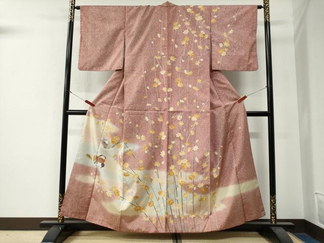 長閑やかさ屋御召しもの●短い訪問着 発祥地染大島紬 執筆者物 鴛鴦枝花文 現ナマ彩 正絹 珠玉 CABG0169yc