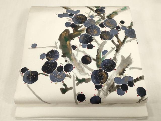 長閑やかさ屋御召しもの●塩瀬 九寸開き名古屋帯 絵書き物 墨付き 枝梅文 金彩 正絹 珠玉 CABG3058dy