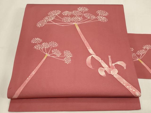 長閑やかさ屋御召しもの●塩瀬 九寸名古屋帯 絵書き物 ろうけつ染め 顕花植物文 金彩 正絹 珠玉 CABG3061dy