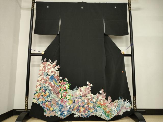 長閑やかさ屋御召しもの●晴れ晴れしい黒留袖 友禅 執筆者物 花鳥文 正絹 珠玉 AABI5107ck