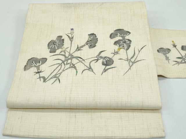 長閑やかさ屋お召しもの＊夏物 九寸名古屋帯 型染め 顕花植物文 麻 珠玉 CABF4666rv