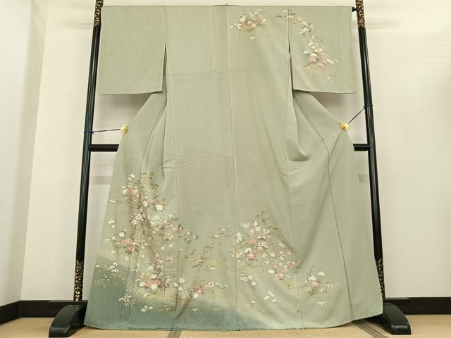 長閑やかさ屋御召しもの●短い訪問着 見晴らし西洋紙花文 暈し染め 金彩 正絹 珠玉 AABF0423fy