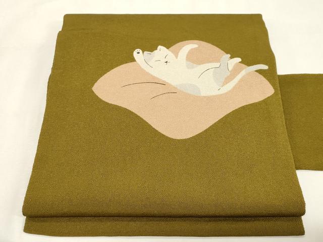 平和屋着物●九寸名古屋帯　猫　鬼しぼ縮緬　正絹　逸品　CABG9531dy｜平和屋