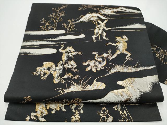 平和屋着物●九寸名古屋帯　鳥獣戯画　黒地　金糸　正絹　逸品　CABH4817hy｜平和屋