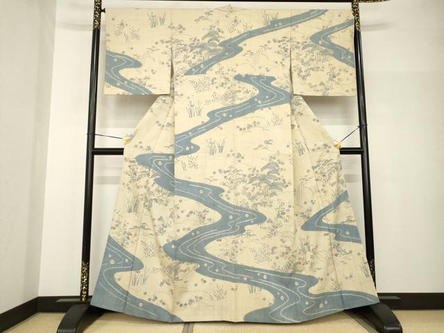平和屋着物●染織の名門 しょうざん 生紬 訪問着 駒刺繍 流水風景花文 正絹 逸品 AABH8783ck|平和屋