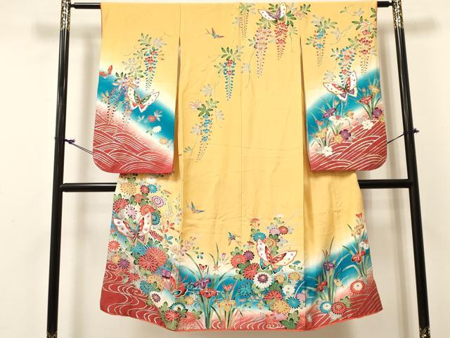 平和屋着物[]七五三　女の子　７歳　祝着　四つ身　型染　舞蝶花鳥文　暈し染め　金銀彩　逸品　DABC5479ma｜平和屋