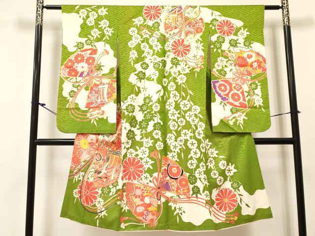 平和屋着物[]七五三　女の子　７歳　祝着　四つ身　駒刺繍　扇面御所車花文　金彩　逸品　DABC5488ma｜平和屋