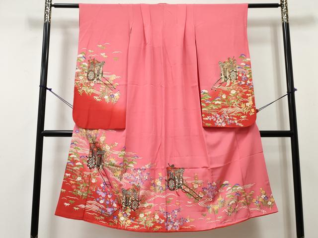 平和屋着物[]七五三　女の子　７歳　祝着　四つ身　御所車花文　暈し染め　金彩　逸品　DABE7298ma｜平和屋
