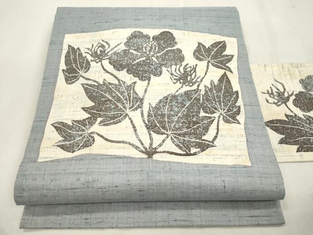 平和屋着物●九寸名古屋帯　紬地　型染め　草花文　正絹　逸品　CABI7597dy｜平和屋