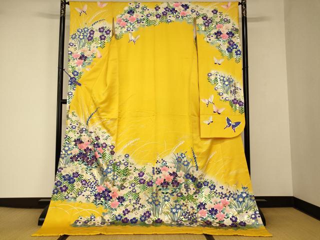 平和屋本店●お引きずり・お引き摺り・引き振袖 和装 結婚式 舞妓 芸妓 芸者 衣装 草花舞蝶文 暈し染め 金銀彩 逸品 AABJ2740fw|平和屋