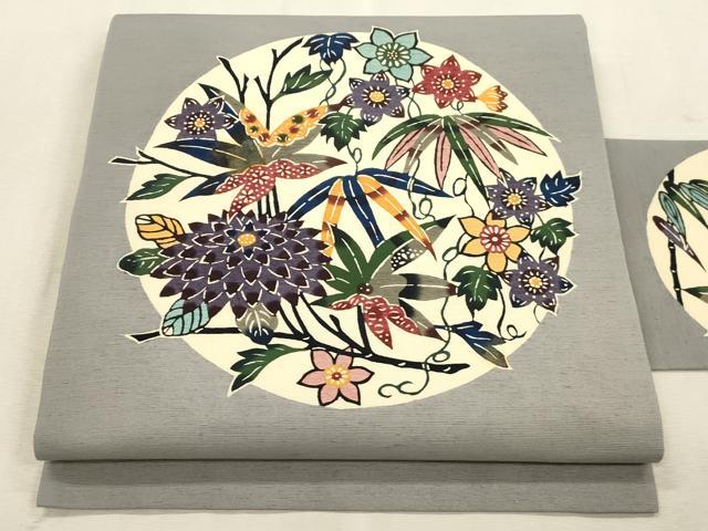 平和屋着物●九寸名古屋帯　本場琉球紅型　紬地　草花文　正絹　逸品　CABJ2062dy｜平和屋