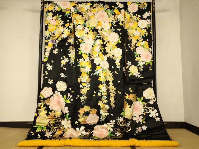 平和屋本店●色打掛　和装　婚礼　結婚式　花嫁　神社挙式　枝垂れ桜流水文　黒地　金銀彩　逸品　AABJ2836fw｜平和屋