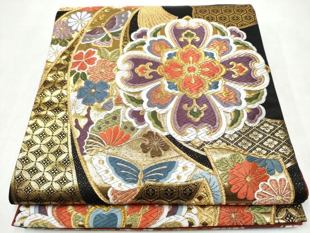 平和屋着物●六通柄袋帯　唐織　束ね熨斗花蝶文　黒地　金糸　正絹　逸品　CABJ4876hy｜平和屋