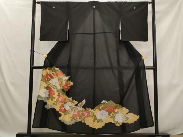 平和屋着物＊夏物　黒留袖　絽　刺繍　飛鶴花文　金糸　金彩　洗える着物　AABJ8903st｜平和屋