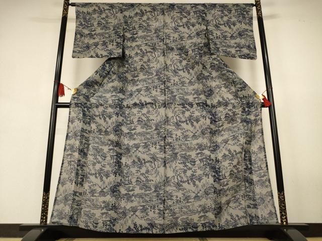 平和屋着物＊夏物　小紋　浴衣兼用　綿絹紅梅　本藍　風景文　絹綿　逸品　AABJ9179jd｜平和屋