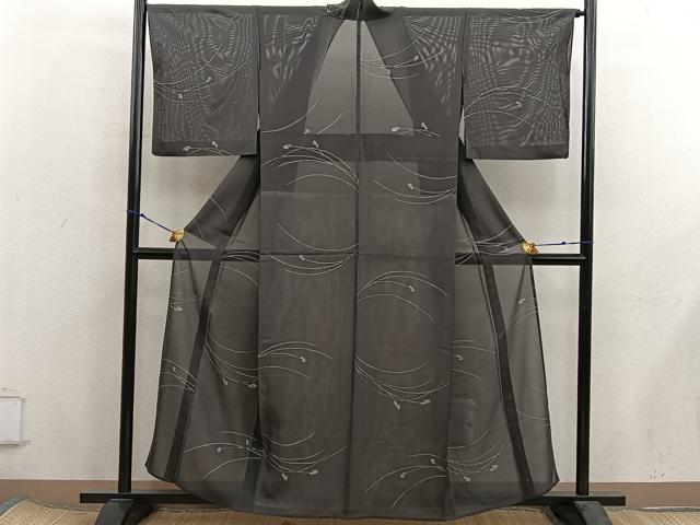 平和屋着物*夏物 小紋 絽 草葉文 黒地 正絹 逸品 BAAX8191mz|平和屋