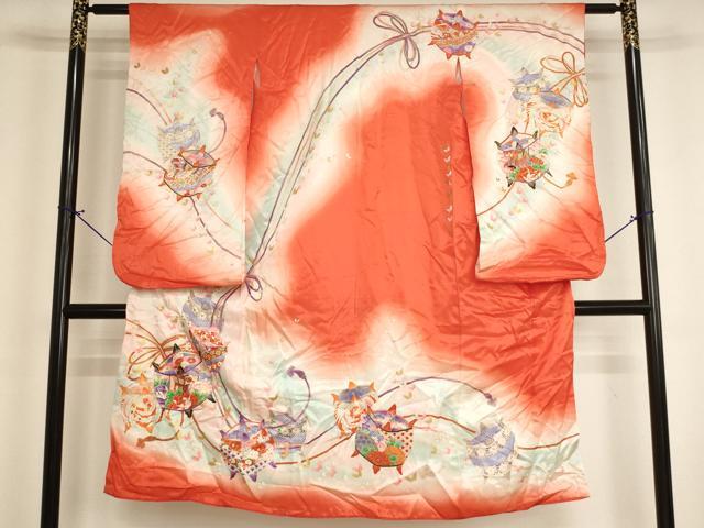 平和屋着物[]七五三　女の子　７歳　祝着　四つ身　糸巻き文　暈し染め　金彩　AABI2899ja｜平和屋