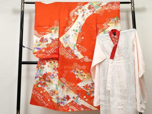 平和屋着物[]七五三　女の子　７歳　祝着　四つ身　襦袢(無双仕立て・半衿刺繍)セット　鴛鴦花文　金彩　逸品　DABE7372ma｜平和屋