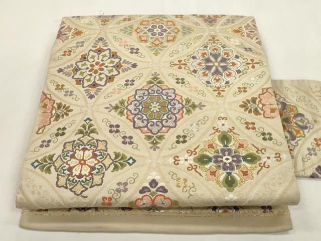 平和屋着物●アンティーク　大正ロマン　九寸名古屋帯　七宝花文　金銀糸　正絹　逸品　CABI7350dy｜平和屋