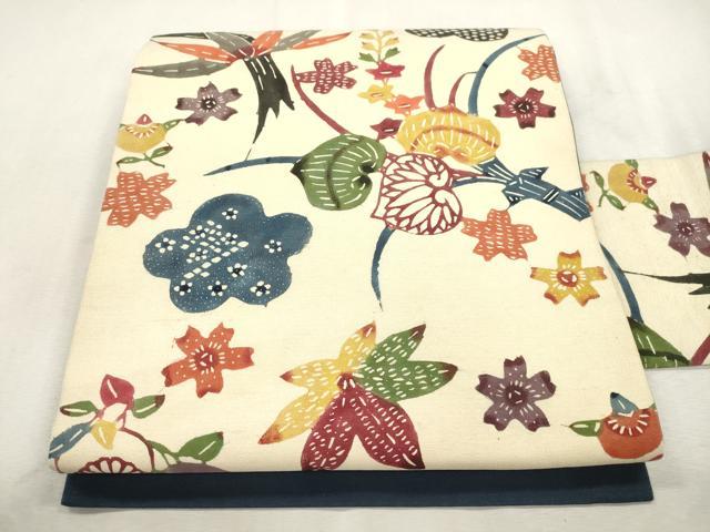 平和屋着物●九寸名古屋帯　紬地　型染め　草花文　正絹　逸品　CABI7353dy｜平和屋 18,200円