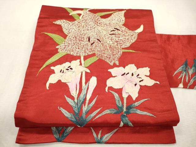 平和屋着物●アンティーク　大正ロマン　九寸名古屋帯　総手刺繍　百合　正絹　逸品　CABI7448dy｜平和屋