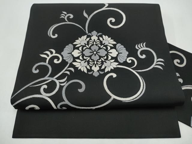 平和屋着物●塩瀬　九寸名古屋帯　総刺繍　花唐草文　黒地　正絹　逸品　CABI8911hy｜平和屋
