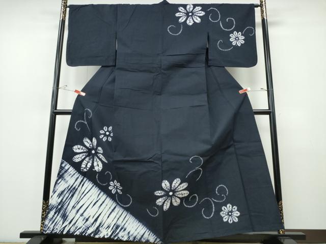 平和屋着物&there4;夏物　訪問着・浴衣兼用　絵羽浴衣　有松鳴海絞り　菊唐草文　濃紺地　綿　逸品　CABJ0086ng｜平和屋