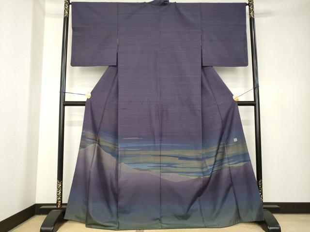 平和屋着物●伝統工芸士 曽根武勇 色留訪問着 紬地 遠山霞文 ロング丈 正絹 逸品 AABK6257ck|平和屋