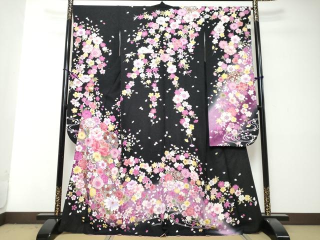 平和屋着物●豪華振袖　流水草花文　暈し染め　黒地　金彩　銀通し地　正絹　逸品　DABI2980ud｜平和屋