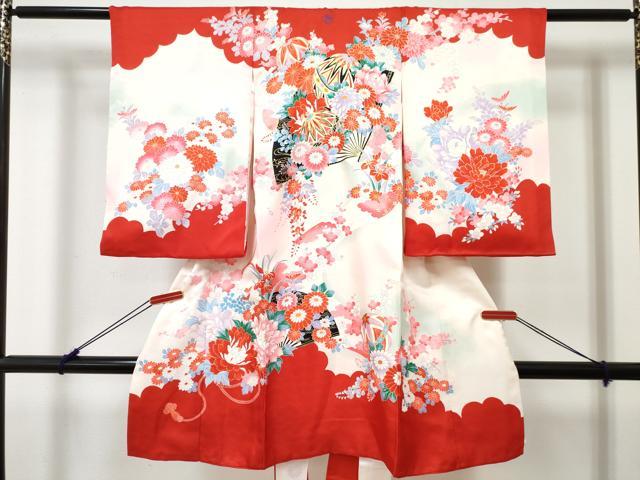 平和屋着物[]お宮参り　女の子　祝着　産着　初着　のしめ　扇面鞠花文　暈し染め　金彩　逸品　DABE7404ma｜平和屋