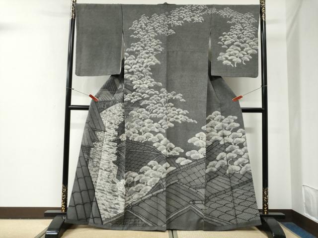 平和屋着物●訪問着　江戸小紋　鮫小紋柄　風景松文　黒地　正絹　逸品　CABG0720yc｜平和屋