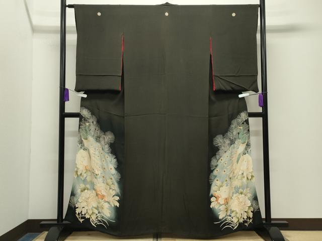 平和屋着物●アンティーク 大正ロマン 黒留袖 刺繍 孔雀花文 暈し染め 金糸 正絹 逸品 CABG4545gh|平和屋