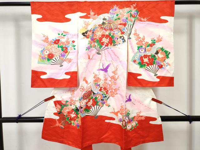 平和屋着物[]お宮参り　女の子　祝着　産着　初着　のしめ　扇面飛鶴鞠花文　暈し染め　金彩　逸品　DABE7398ma｜平和屋