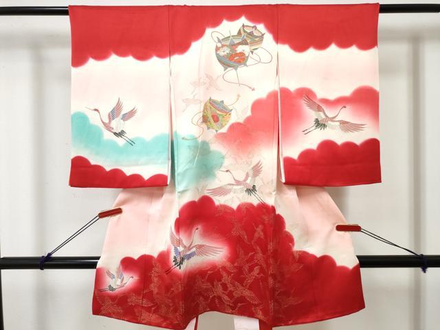 平和屋着物[]お宮参り　女の子　祝着　産着　初着　のしめ　寿光織　飛鶴糸車花文　暈し染め　金銀糸　逸品　DABE7405ma｜平和屋