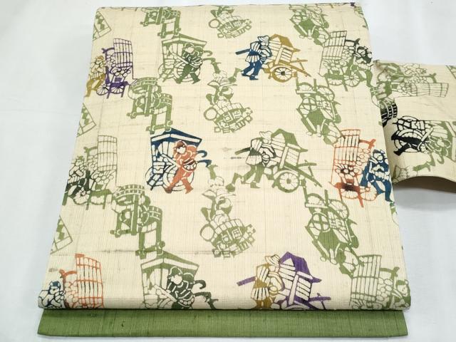 平和屋着物*夏物 全通柄 九寸名古屋帯 型染め 生紬 人物文 正絹 逸品 CABJ4699fb|平和屋