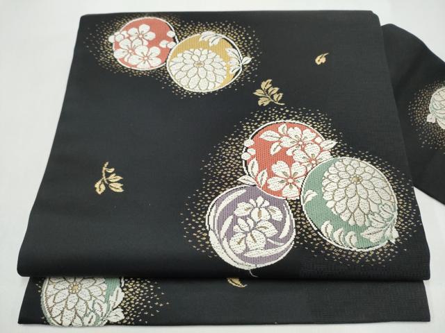 平和屋着物●九寸名古屋帯　唐織　草花丸文　黒地　金糸　正絹　逸品　CABJ5164hy｜平和屋