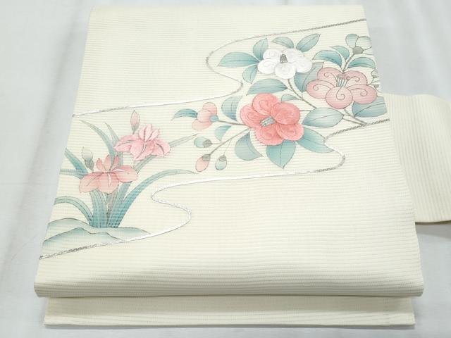 平和屋着物＊夏物　九寸名古屋帯　手描き　駒刺繍　杜若枝椿　銀糸　正絹　逸品　CABJ4506fb｜平和屋