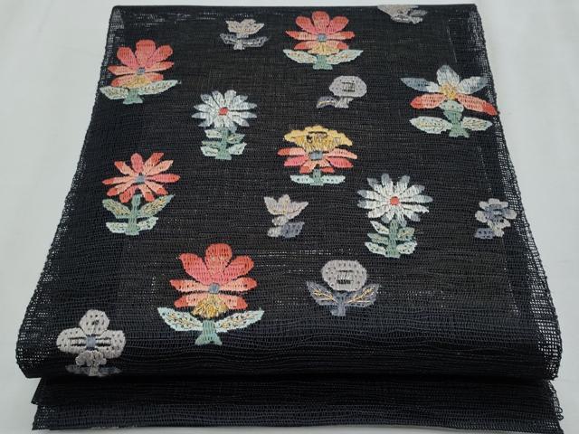 平和屋着物＊夏物　八寸名古屋帯　絽刺し　区限刺繍　枝花文　黒地　金糸　正絹　逸品　CABJ4567fb｜平和屋