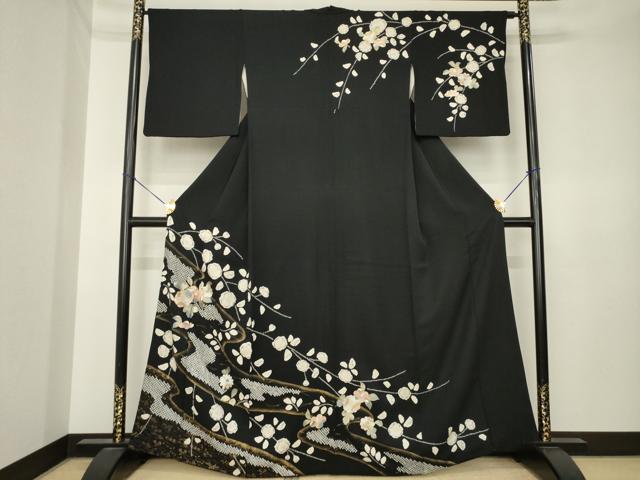 平和屋着物●訪問着　辻が花　流水花文　黒地　金彩　正絹　逸品　AABK3383ck｜平和屋