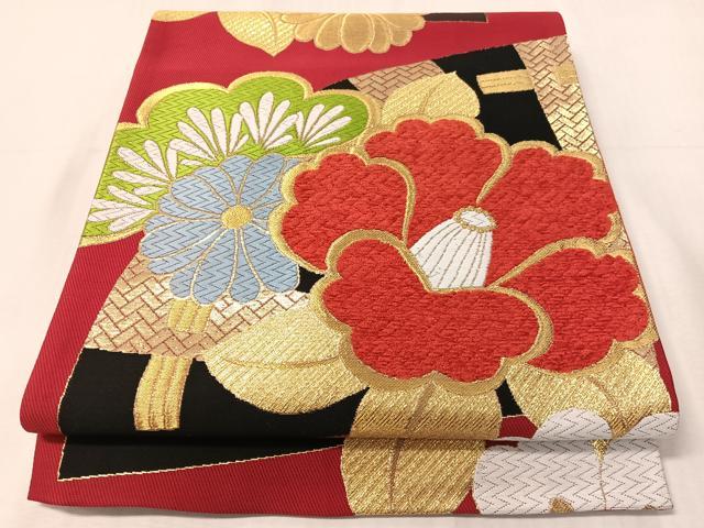 平和屋着物●六通柄袋帯　唐織　モール　檜扇椿文　金糸　正絹　逸品　CABJ0705vp｜平和屋