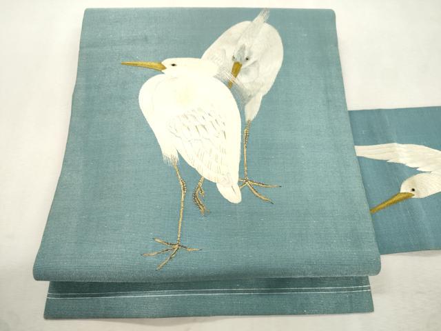 平和屋着物●アンティーク　大正ロマン　九寸名古屋帯　総手刺繍　鷺　正絹　逸品　CABJ2174dy｜平和屋