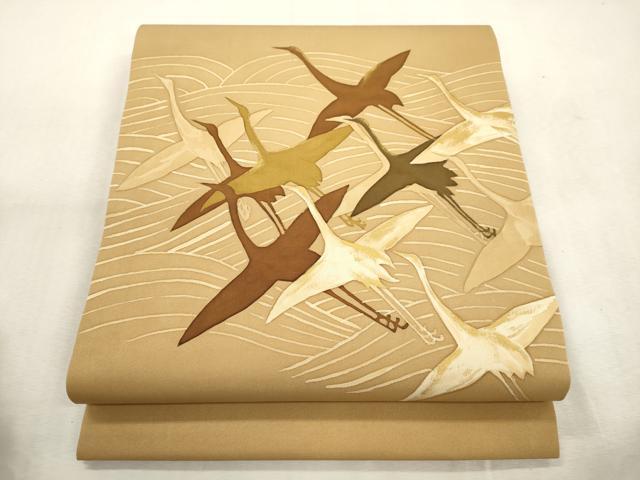 平和屋着物●塩瀬　九寸開き名古屋帯　ろうけつ染め　飛鶴文　金彩　正絹　逸品　CABJ2178dy｜平和屋