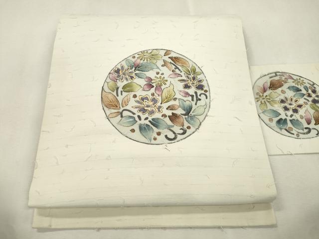 平和屋着物●九寸名古屋帯　手描き　髭紬　草花丸文　金彩　正絹　逸品　CABJ2206dy｜平和屋