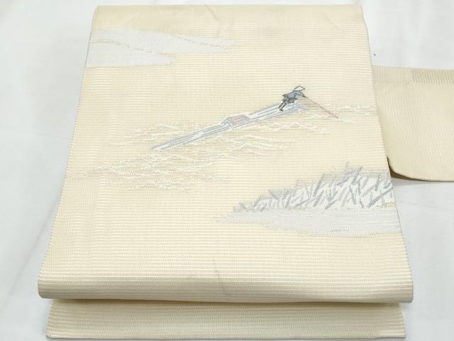 平和屋着物＊夏物　九寸名古屋帯　筏人物文　銀糸　正絹　逸品　CABJ4479fb｜平和屋